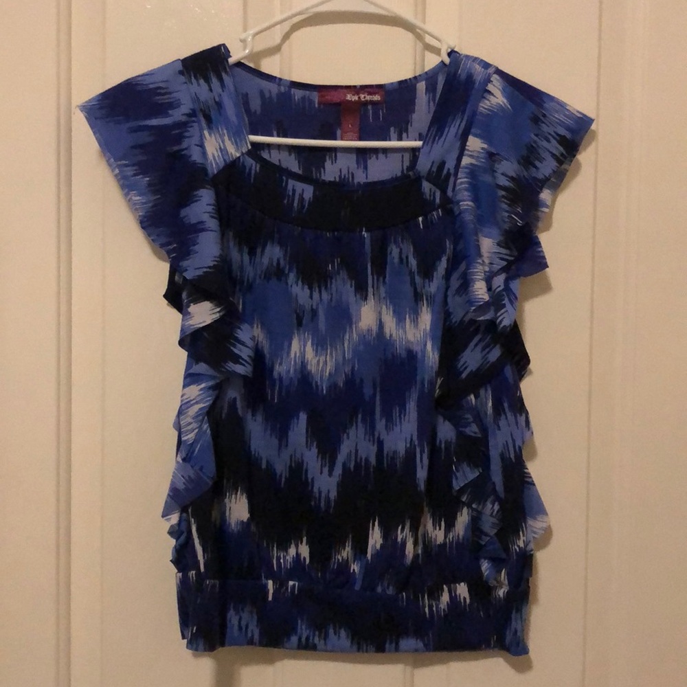 Ladies blue and black cap-sleeved blouse